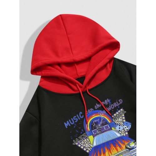 Streetwear Music Car Graphic Fleece-lined Colorblock Hoodie Streetwear Music Car Graphic Fleece-lined Colorblock Hoodie