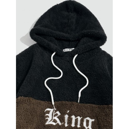 King Embroidered Colorblock Fluffy Hoodie King Embroidered Colorblock Fluffy Hoodie