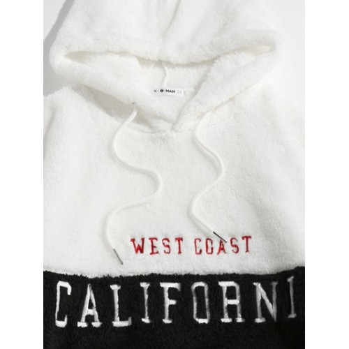 Letters Embroidered Two Tone Fluffy Hoodie