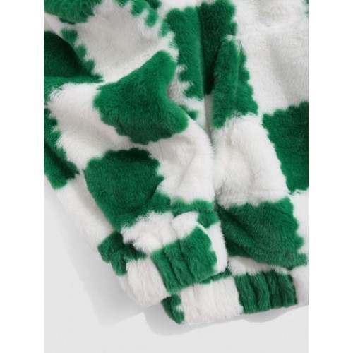 Checkered Pattern Fluffy Hoodie