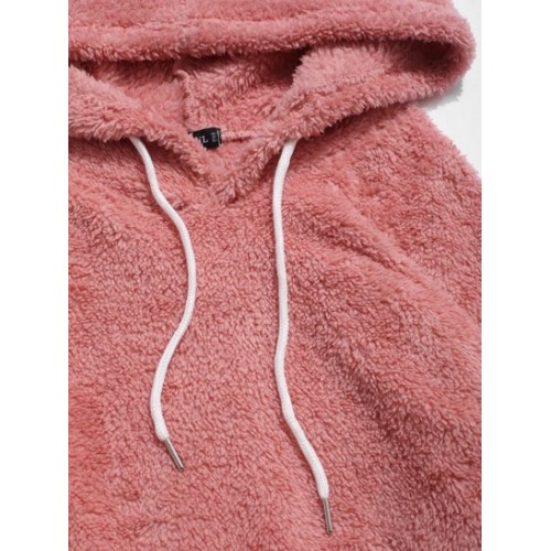Color-blocking Splicing Fuzzy Fleece Pullover Hoodie