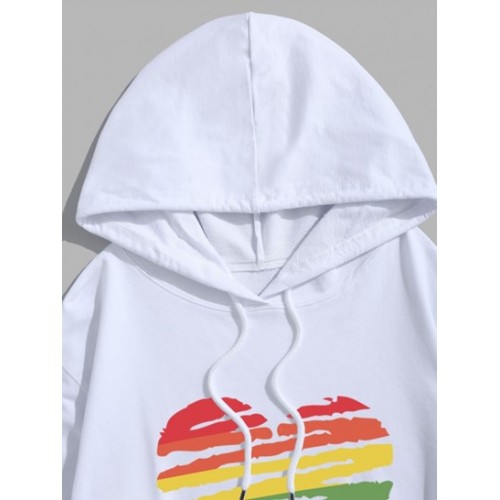 Colorful Painted Heart Graphic Drawstring Pouch Pocket Hoodie