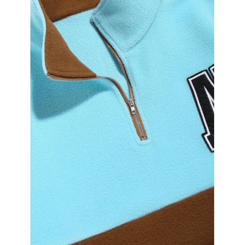 Quarter Zip Two Tone Color Letter Embroidered Polar Fleece Sweatshirt Quarter Zip Two Tone Color Letter Embroidered Polar Fleece Sweatshirt