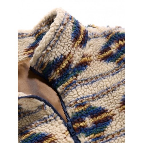 Fuzzy Faux Shearling Quarter Zip Ethnic Tribal Print Sweatshirt