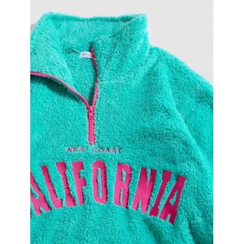 Letters Embroidered Fluffy Pullover Sweatshirt