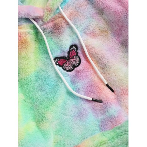 Tie Dye Pattern Butterfly Embroidered Fluffy Fleece Hoodie