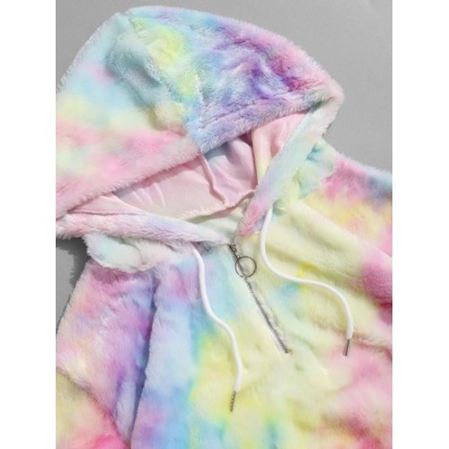 Tie Dye Faux Fur Half Zipper Fluffy Hoodie