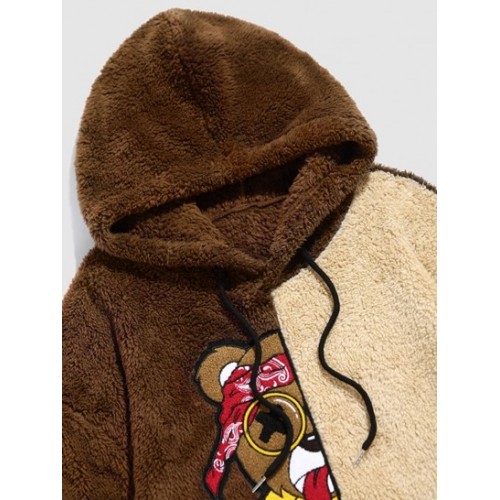 Two Tone Colorblock Faux Fur Fuzzy Cartoon Bear Terry Embroidered Pullover Hoodie