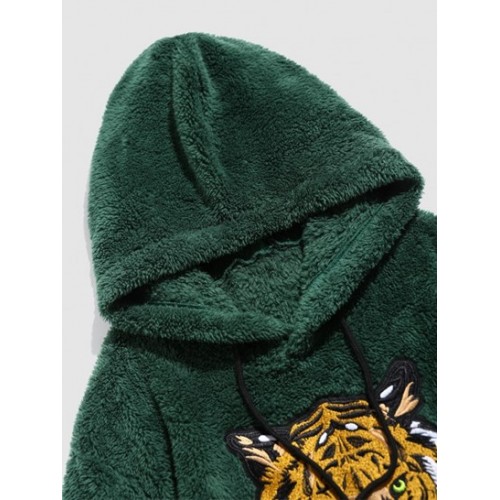 Tiger Embroidered Pocket Fluffy Hoodie