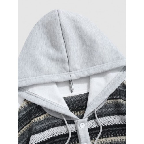 Quarter Button Hooded Spliced Colorblock Fuzzy Sweater Quarter Button Hooded Spliced Colorblock Fuzzy Sweater