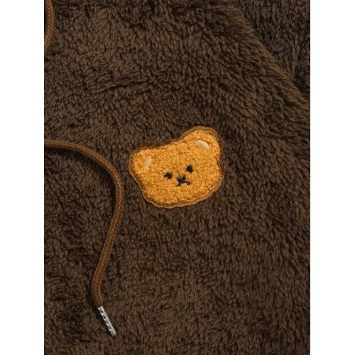 Kangaroo Pocket Bear Pattern Drawstring Fluffy Faux Fur Hoodie