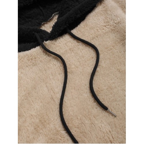 Colorblock Splicing Drawstring Fluffy Fleece Hoodie