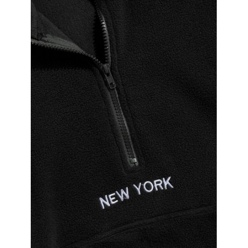 Fluffy Polar Fleece NEW YORK Embroidery Colorblock Half Zip Sweatshirt
