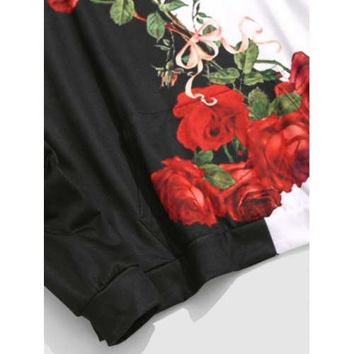 Color Block Two Tone Rose Flowers Print Streetwear Drawstring Hoodie