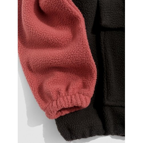 Front Pocket Two Tone Colorblock Fleece Faux Shearling Fluffy Oversized Hoodie