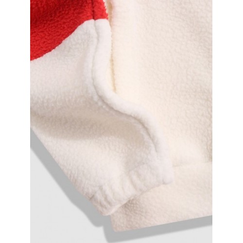 Streetwear Colorblock Patch Polar Faux Fur Fleece Hoodie