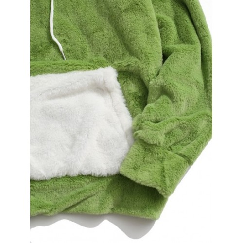 Contrast Kangaroo Pocket Fluffy Faux Fur Hoodie