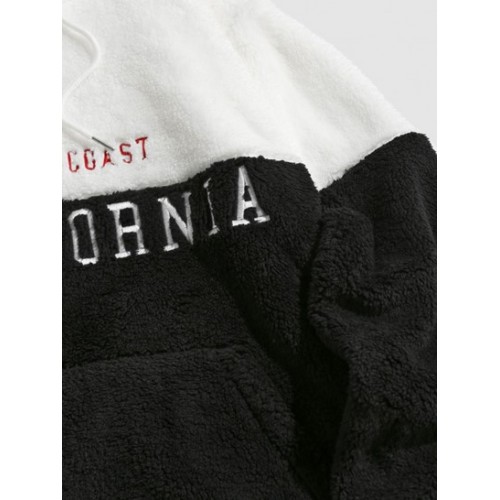 Letters Embroidered Two Tone Fluffy Hoodie