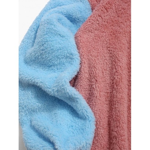 Color-blocking Splicing Fuzzy Fleece Pullover Hoodie
