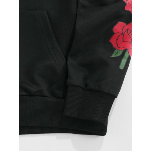 Flowers Letters Print Kangaroo Pocket Hoodie