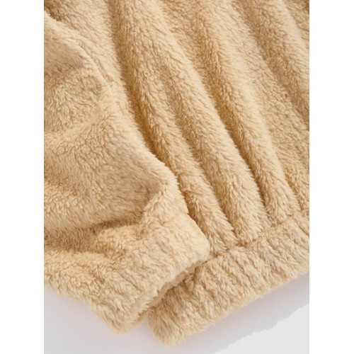 Chinese Characters Embroider Quarter Button Fluffy Faux Fur Teddy Sweatshirt
