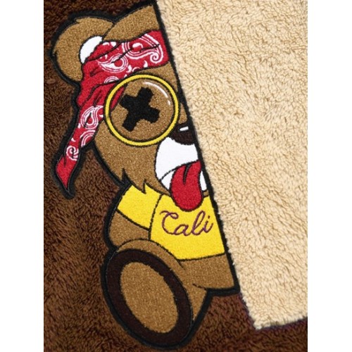 Two Tone Colorblock Faux Fur Fuzzy Cartoon Bear Terry Embroidered Pullover Hoodie