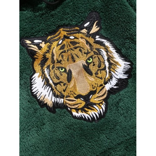 Tiger Embroidered Pocket Fluffy Hoodie