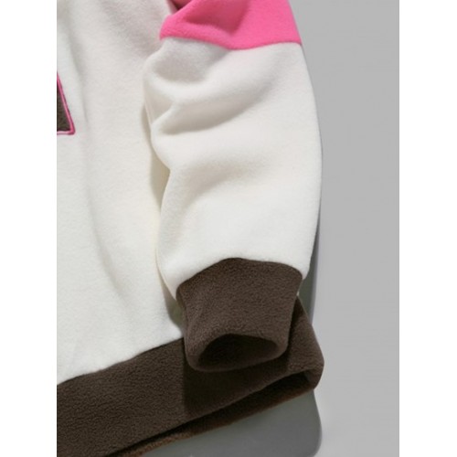 Color Spliced Fuzzy Polar Fleece Letter Patch Design Sweatshirt