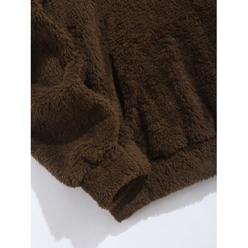 Kangaroo Pocket Bear Pattern Drawstring Fluffy Faux Fur Hoodie