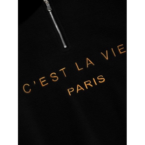Fuzzy C' EST LA VIE Letter Embroidered Quarter Zip Polar Fleece Sweatshirt