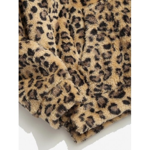 Leopard Pattern Applique Fleece Fluffy Hoodie